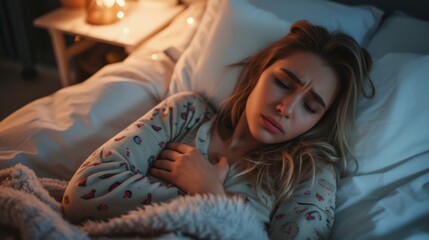 Naklejka premium A young woman lying in bed, clutching her stomach in discomfort