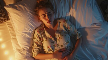A young woman lying in bed, clutching her stomach in discomfort