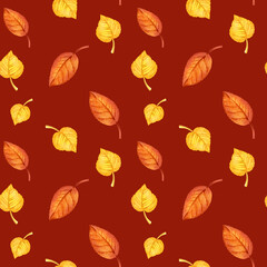 watercolor seamless pattern of autumn forest leaves, hand drawn illustration of yellow and orange forest leaves, green and brown different leaves, sketch on brown background