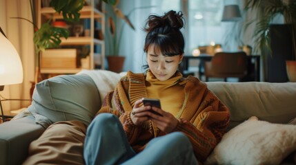 Obraz premium A young woman sitting on a modern sofa in a well-lit living room