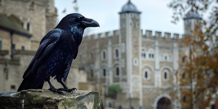 Black raven against white Tower of London background in United Kingdom. Concept Raven, Tower of London, United Kingdom, Black bird, Historic landmark