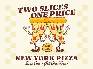 Groovy Pizza Retro Character. Cartoon Food Slice Walking and Smiling. Vector Fastfood Mascot Template. Happy Vintage Cool Illustration Isolated