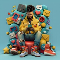 Obraz premium 3D People with Gadget and social media