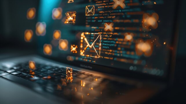 Close-up of a laptop screen with glowing email icons and programming code, representing modern digital communication and technology.