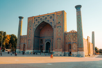 Sunset view of the large madrassa at Registan, in Samarkand, Uzbekistan