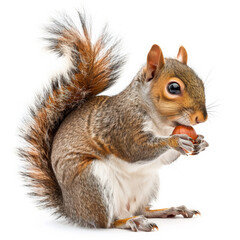 A cheerful squirrel with a bushy tail, holding an acorn, isolated on white background