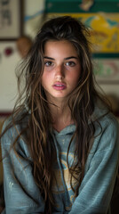 Fototapeta premium Portrait of Young Woman with Natural Beauty and Messy Hair in Casual Attire