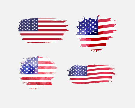 Set of US flag icons with brushing style stroke and clipping mask. Digital brush and ink spots. Creative graphic elements. Holiday collection. Grunge art background. Isolated template. Abstract signs.