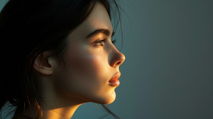 Fototapeta premium Woman with a serene expression, set against a simple background