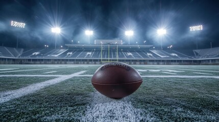 A football resting on the field under bright stadium lights