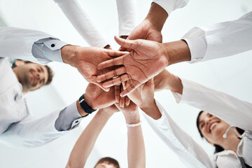 Hands stack, medical and people at hospital for healthcare support, solidarity and teamwork of...
