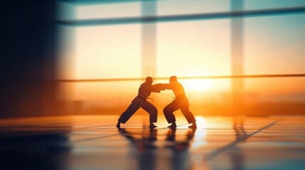 Silhouettes of two martial artists practice grappling in a sunlit dojo with large windows and a vibrant sunset backdrop.