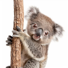 Obraz premium An adorable baby koala with big eyes and fluffy ears, clinging to a branch, isolated on white background