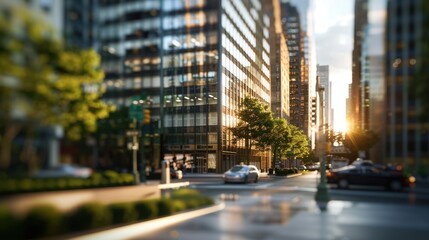 Fototapeta premium Sunset in a busy downtown area with modern office buildings, cars, and pedestrians, offering a vibrant urban cityscape view.