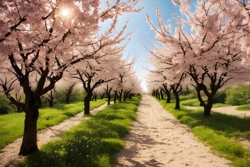 Beautiful landscape with blooming cherry trees, the sun is shining and everything is perfect