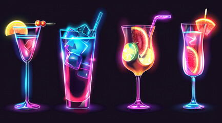 set of colorful neon cocktails and drinks with ice arranged in a row on a dark background, night banner design element