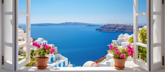 View of hillside from an open window. Open blue window showing a beautiful view of Santorini. © lulu Alana