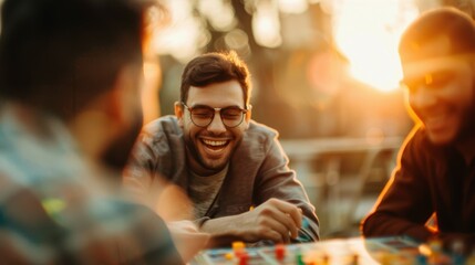 Friends enjoying a board game outdoors at sunset, laughing and having a great time together. Perfect for lifestyle and recreational themes.