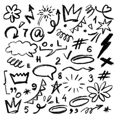 Seamless pattern with brush drawn doodle shapes . Crowns, arrows, stars,  figure, speech bubble, crosses, flower,  swirls and dots with dry brush texture. Banner background with nice graffiti style el