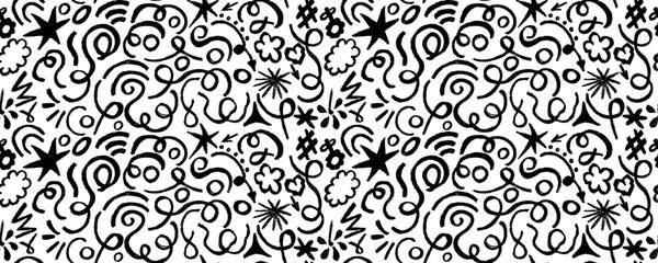 Vector seamless pattern black  scribbles with stars, heart and flowers. Wavy lines  and beautiful shapes charcoal strokes . Abstract  wallpaper design, trendy textile print. Wavy and swirled  shapes.