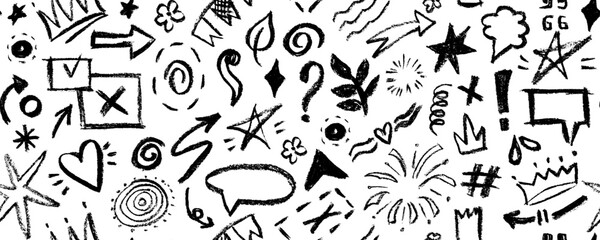 Vector seamless pattern  with charcoal graffiti doodle and girly shapes  Hand drawn abstract scribbles and squiggles, creative various shapes, pencil drawn. Scribbles, scrawls, stars, crown.