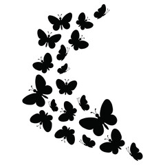 Flying black silhouettes of butterflies insect. Vector design element. Flock of butterflies on white background. Baby shower design elements. Party invitation, birthday decoration, decor,kids stickers