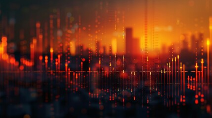 Orange to gold gradient bars, city skyline illusion with digital heartbeat on dark background