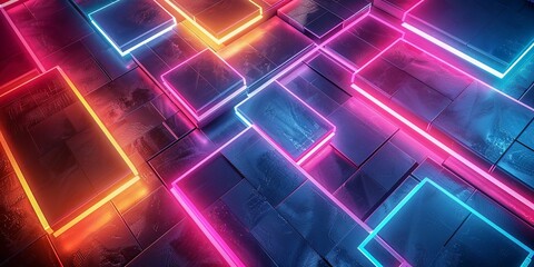 Futuristic Neon Lit Abstract Geometric Sci-Fi Landscape with Colorful Rectangles and Reflective Surfaces