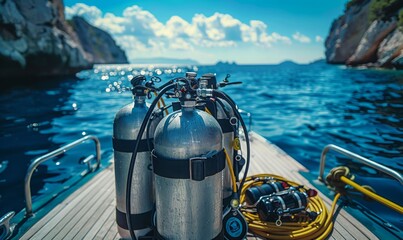 A scuba diving tank and gear on a boat deck ready for an underwater adventure