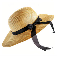 A wide-brimmed straw hat with a black ribbon, isolated on white background
