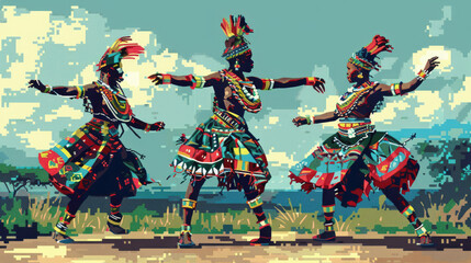 Three individuals, adorned in vibrant and traditional attire with feathers and beads, dance energetically against a backdrop of nature and a bright sky.