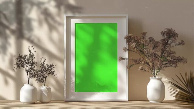 Photo frame mockup on the wall with dried floral, minimalist home indoor animation background with green screen