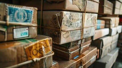 A close-up shot of a stack of international packages, each with different postage stamps and handwriting.