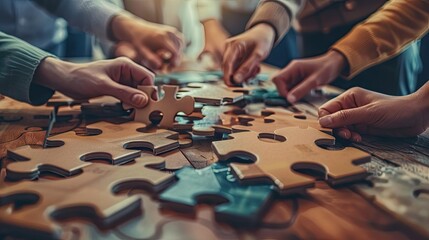 A group of business people assembling jigsaw puzzle.