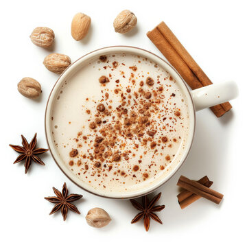A cup of spiced chai tea latte with a sprinkle of nutmeg, isolated on white background