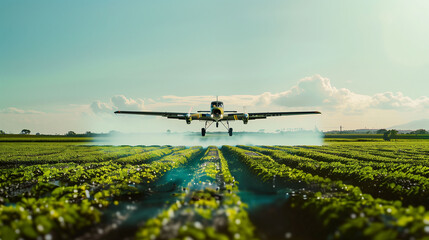 A small plane is spraying water on a field of green plants. The plane is low to the ground, and the water is coming out of its wings. The scene is peaceful and serene