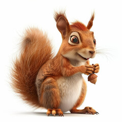 Obraz premium A cheerful squirrel with a bushy tail, holding an acorn, isolated on white background