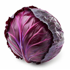 Obraz premium A whole, fresh red cabbage with shiny, purple leaves, isolated on white background