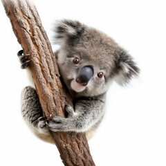 Obraz premium An adorable baby koala with big eyes and fluffy ears, clinging to a branch, isolated on white background