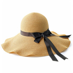 A fashionable sun hat with a wide brim and a bow, isolated on white background