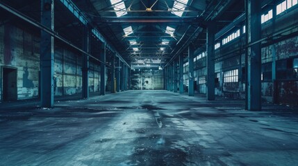 Obraz premium Abandoned Factory Interior: A Blue and Gray Landscape
