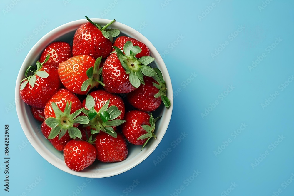 Wall mural Still life of strawberries in a bowl on a blue background with empty space, top view.  concept for product design or advertising food and nature products. - Wall murals