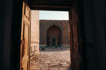 Looking through an open door in Registan, in Samarkand, Uzbekistan