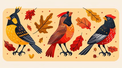 Autumn birds and falling leaves