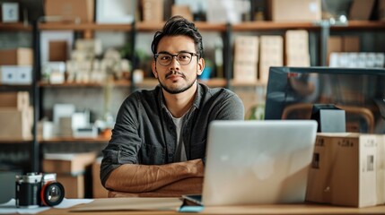 Fototapeta premium A successful SME owner overlooking their thriving online business, a sense of pride and accomplishment radiating from their expression. The neatly arranged boxes of merchandise 