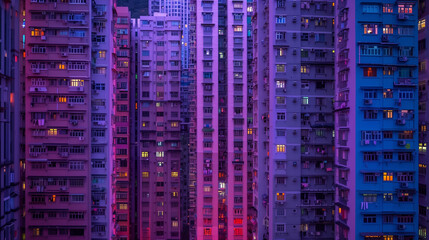 Obraz premium Dense urban apartment buildings illuminated at twilight.