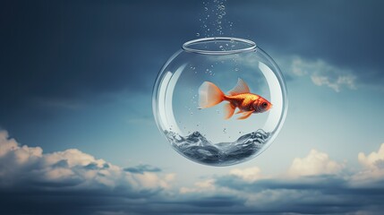 A surreal image of a fishbowl suspended in mid-air, with a single goldfish swimming upside down, creating a sense of dreamlike wonder and defying gravity.