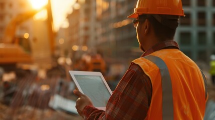 Construction worker in safety gear using a tablet for site management. Evening light illuminates the background of an active construction site.