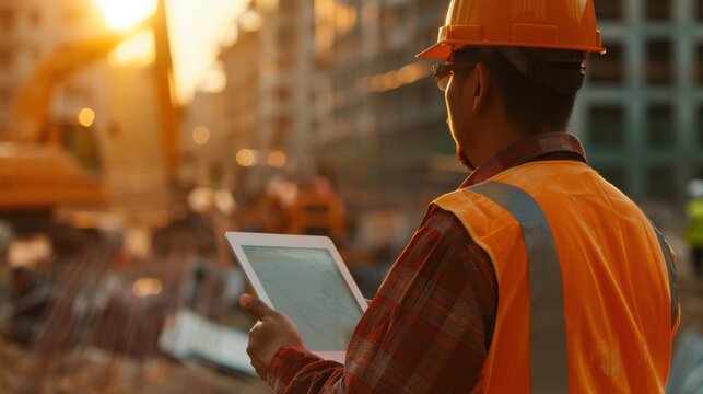 Construction worker in safety gear using a tablet for site management. Evening light illuminates the background of an active construction site.