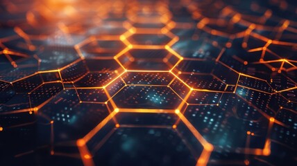 Futuristic digital background with interconnected glowing hexagons and intricate geometric hi-tech patterns